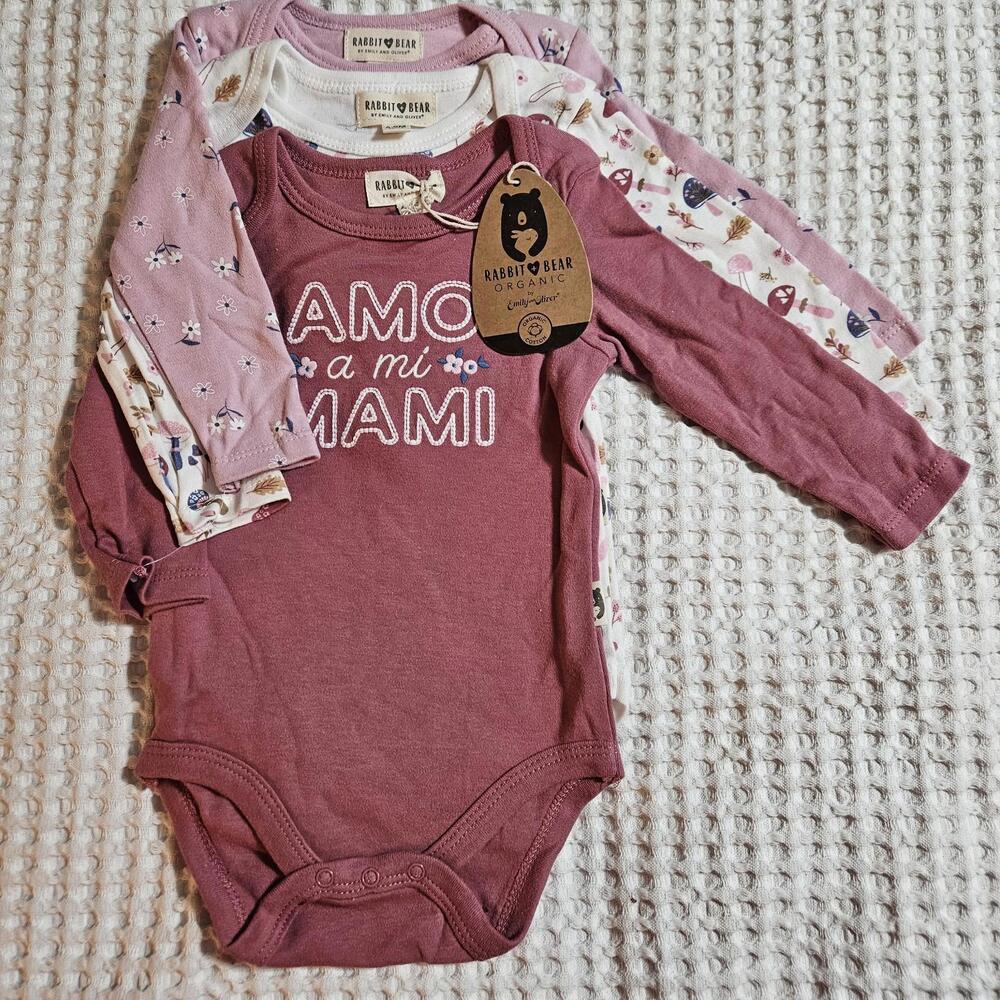 NWT Girl's Rabbit & Bear Organic Cotton 3-Pack Long Sleeve Bodysuits 6-9 Months